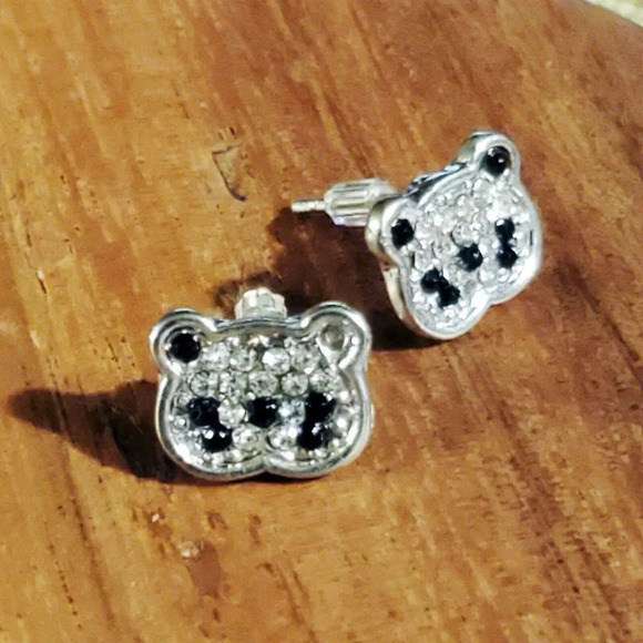 Little Panda Bear Pave Austrian Crystal Black Clear Silver Post Stud Earrings - Picture 1 of 7